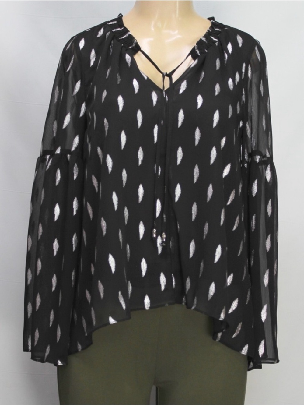 Jennifer Lopez Black Sheer Metallic Dot Tie-Neck Bell Sleeve Blouse